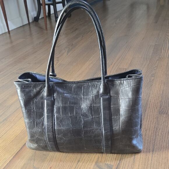 Barneys New York Gray Crocodile-Embossed Leather Tote - Picture 2 of 11
